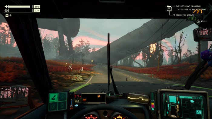 A player looks out the front window of their car in Pacific Drive. A player looks out the front window of their car in Pacific Drive.